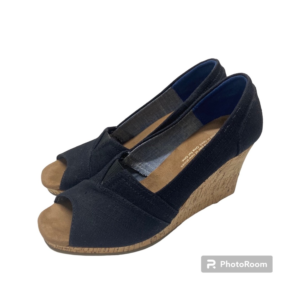 Toms Casual Slip On Peep Toe Cork Wedge Pumps Heels Black Fabric Size 7